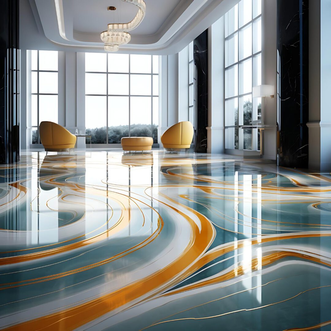 Modern lobby with abstract floor design.