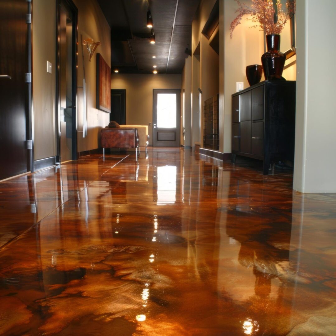 Polished hallway with reflective brown floor.