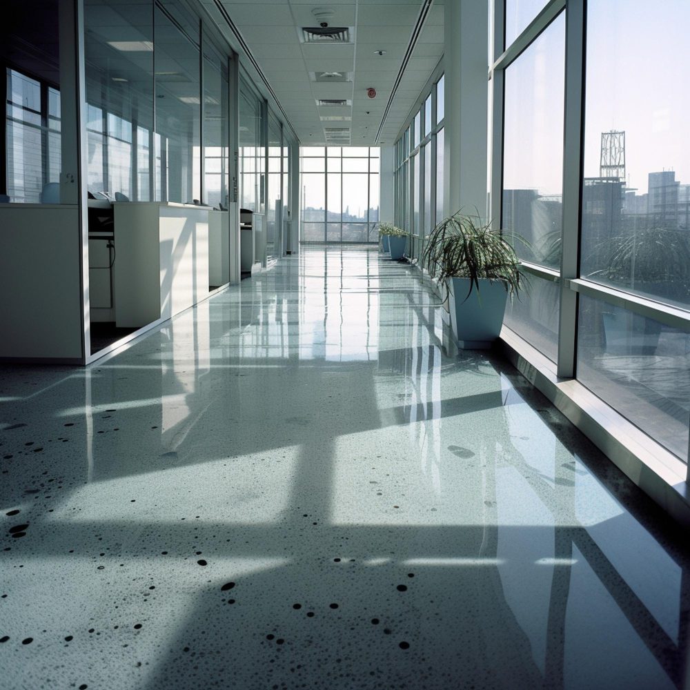 Modern office corridor with large windows.