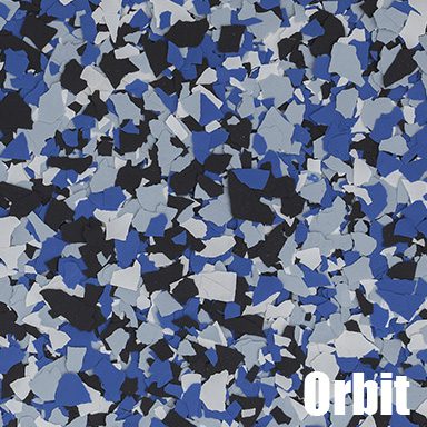 Blue, black, white speckled pattern titled Orbit.