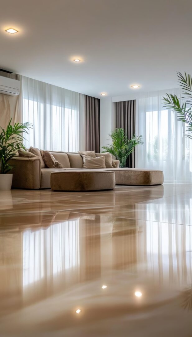 Modern living room with plants and sofa.